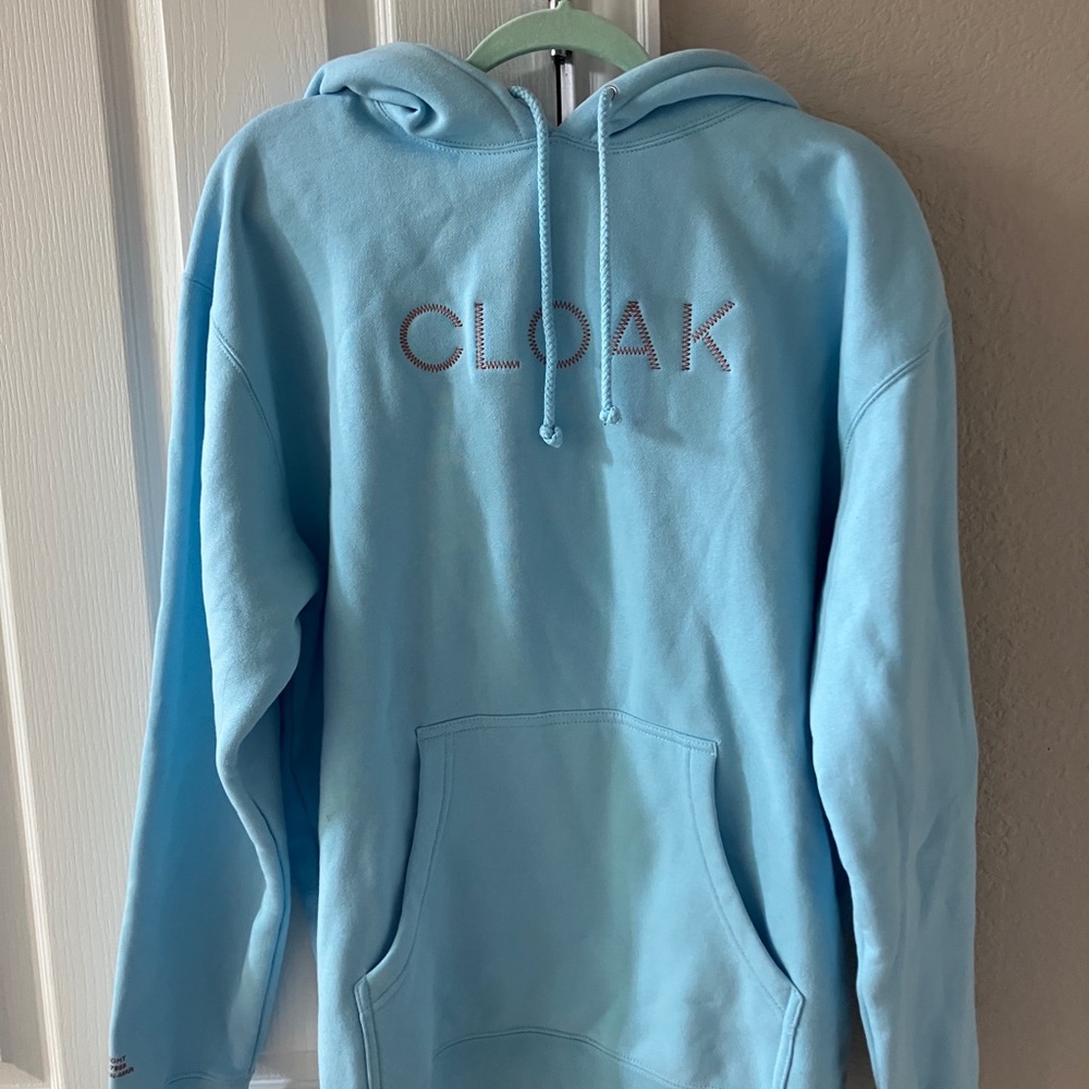 Light blue with gray embroidery CLOAKBRAND hoodie (men’s large)
